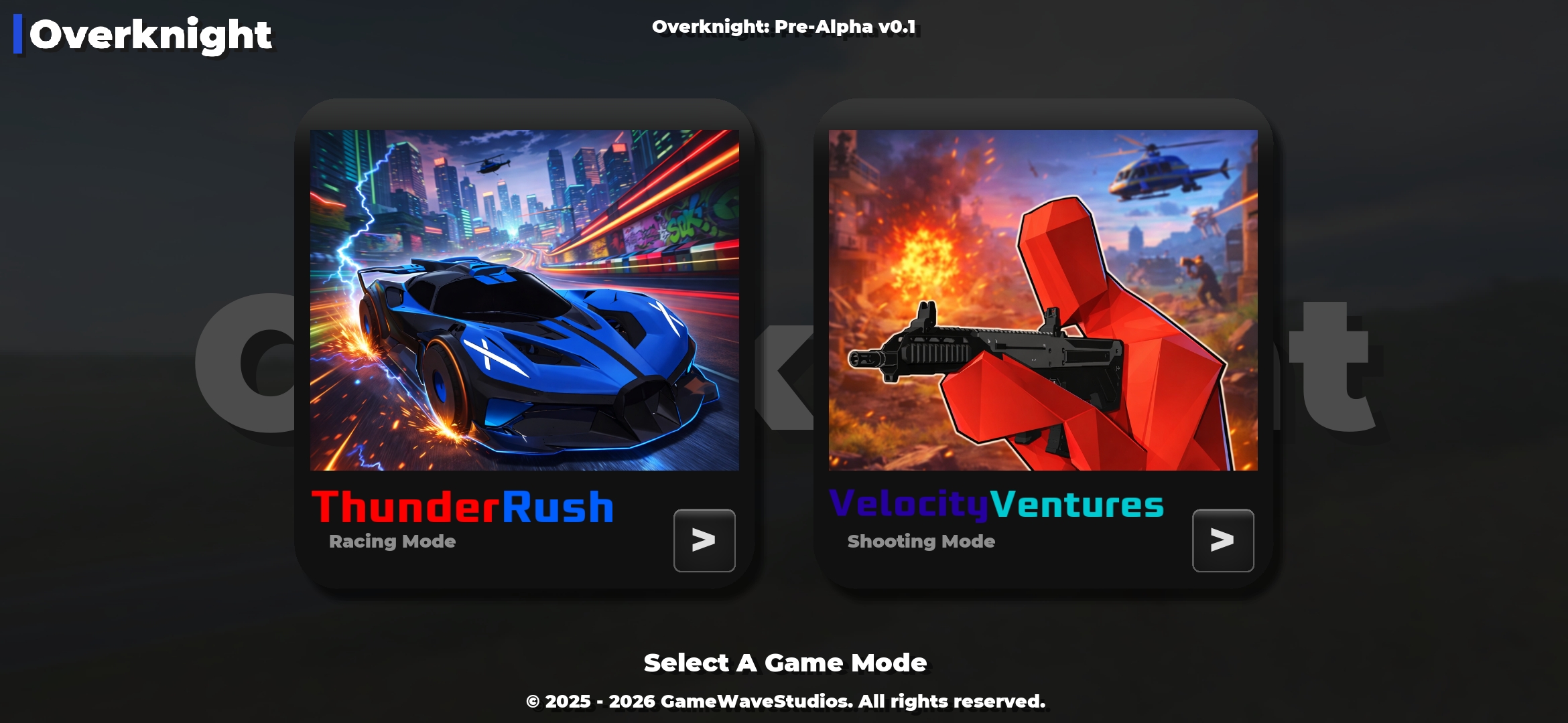 Overknight game mode select screen