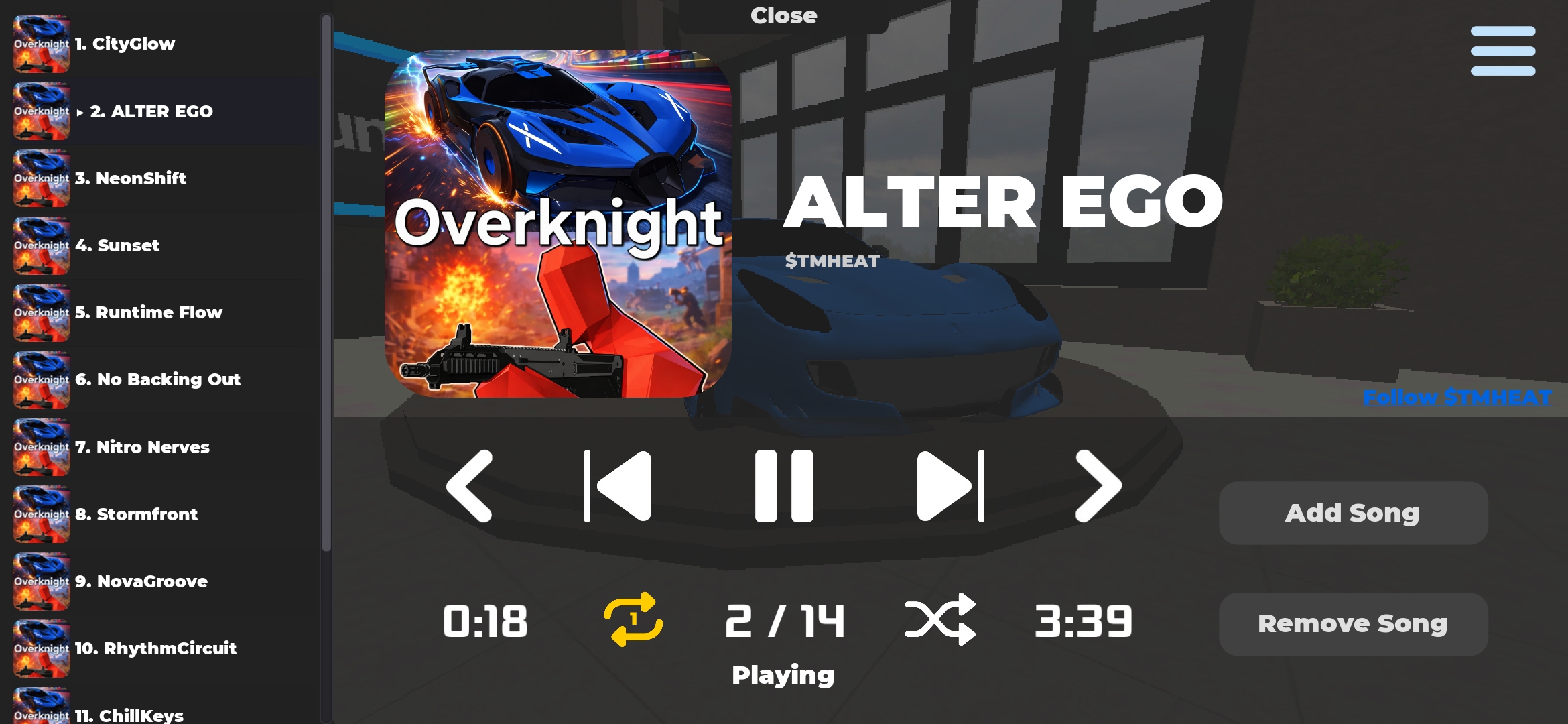 Overknight in-game music player showing ALTER EGO playing
